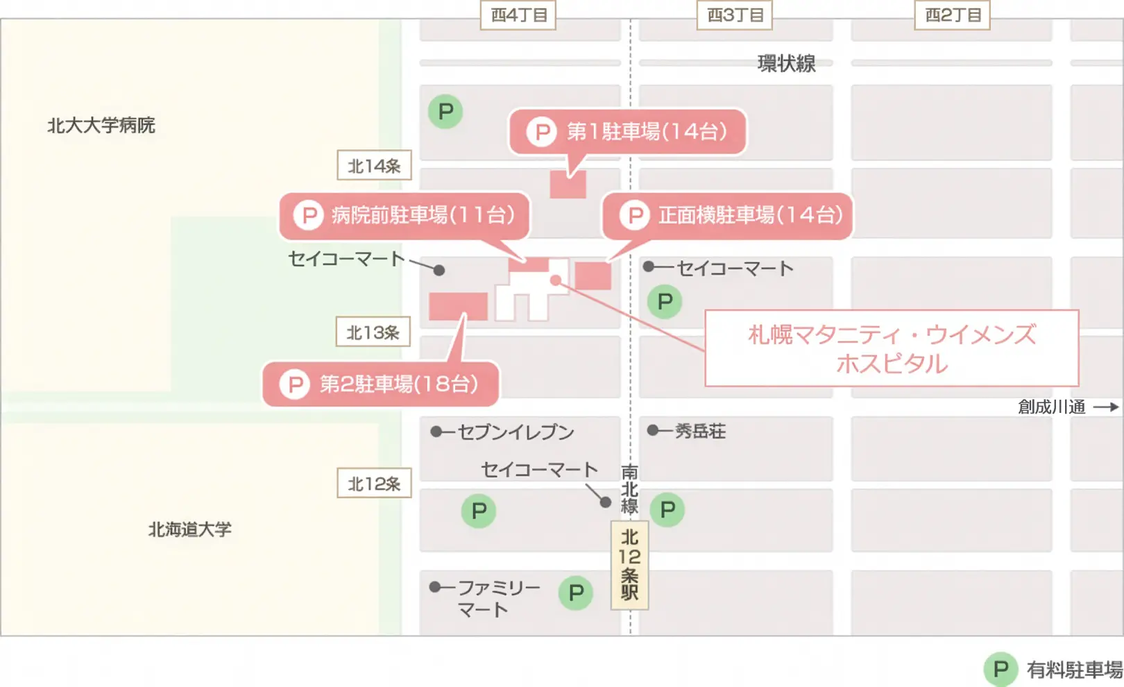 駐車場は３箇所あります（１４台、１１台、１８台）、他にも有料駐車場が近辺にた多数あります