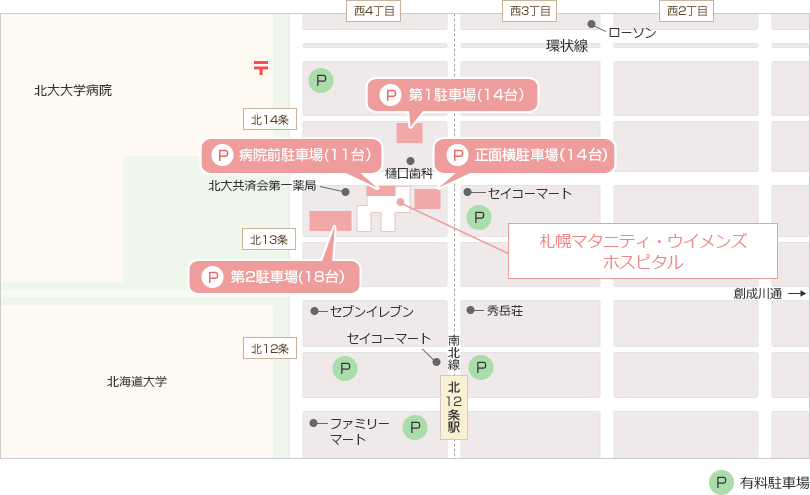 駐車場は３箇所あります（１４台、１１台、１８台）、他にも有料駐車場が近辺にた多数あります